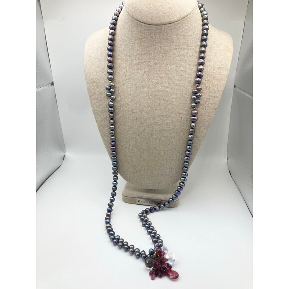 natural black pearl 14k gold bead faceted tourmaline smoky quartz necklace